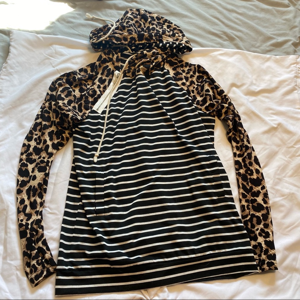 Double Hood Printed Striped Long Sleeve Shirt Nana Macs Boutique NWOT